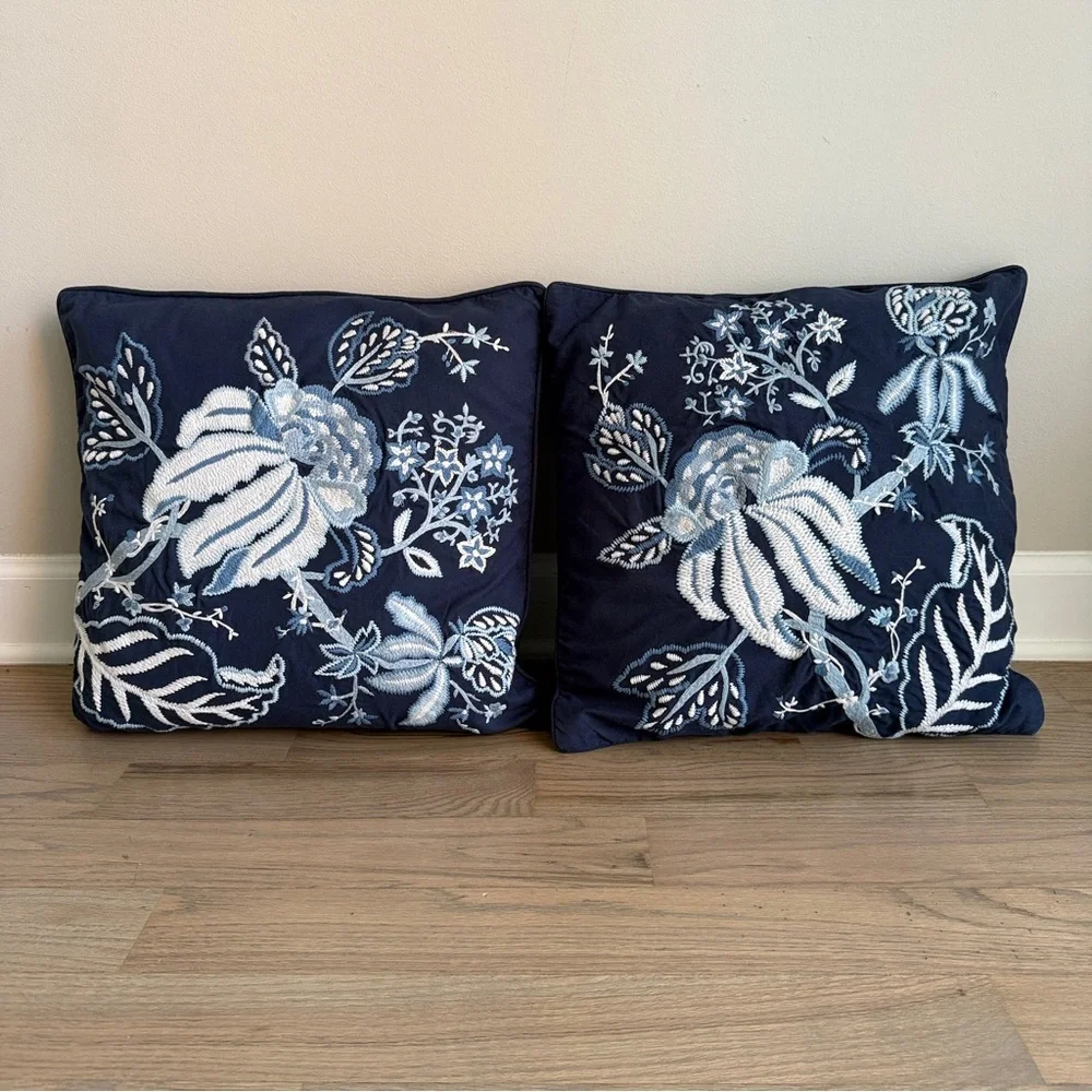 Pottery Barn Rare Navy Blue Floral Embroidered Pillows Set of 2
